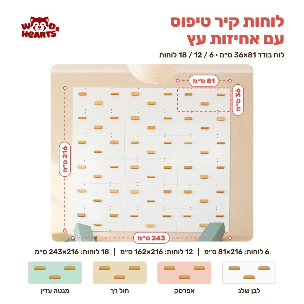 תרשים מידות – קיר טיפוס מלבני: לוח בודד 81×36 ס״מ, סט 18 לוחות 216×243 ס״מ, ארבעה צבעים